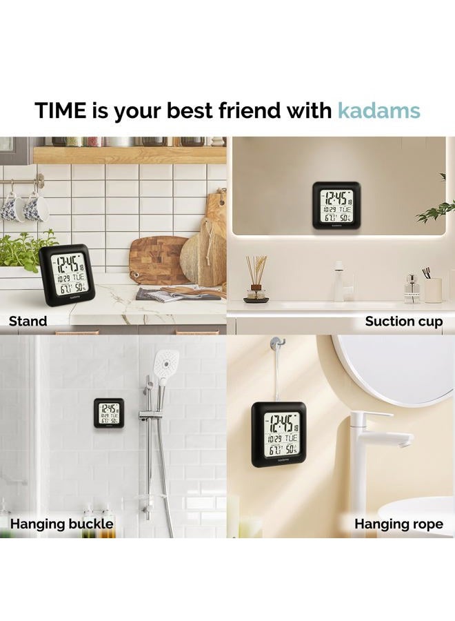 KADAMS ساعة حائط للحمام بشاشة LCD مقاومة للكسر - ساعة استحمام مقاومة للماء مع عرض درجة الحرارة والرطوبة وتقويم بـ 7 لغات مع 4 خيارات للتثبيت، سوداء - Image 5