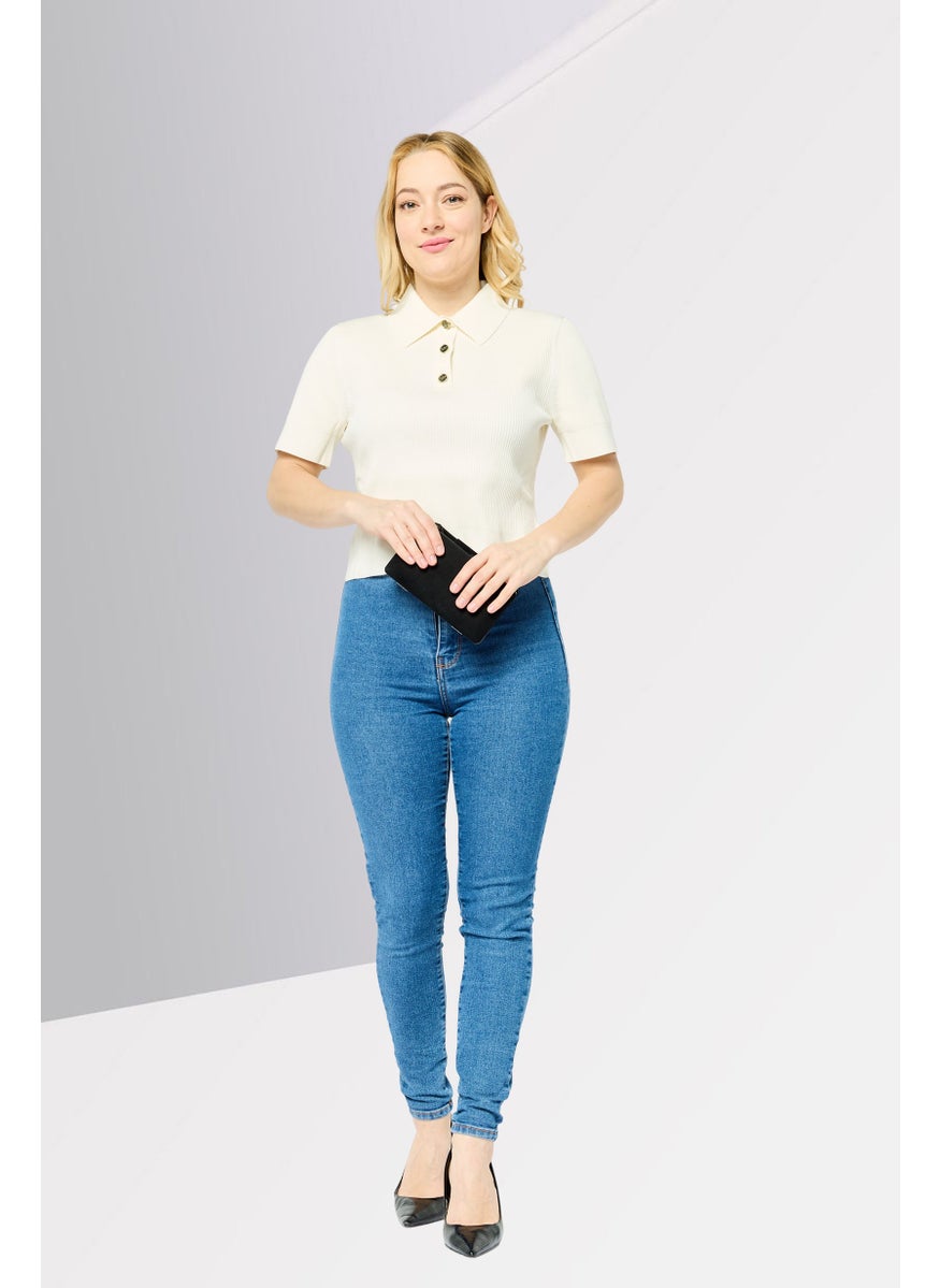 Michael Kors Women Regular Fit Short Sleeve Rib Knit Polo Shirts, Bone  - Image 2
