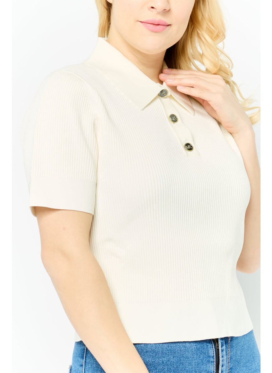 Michael Kors Women Regular Fit Short Sleeve Rib Knit Polo Shirts, Bone  - Image 3