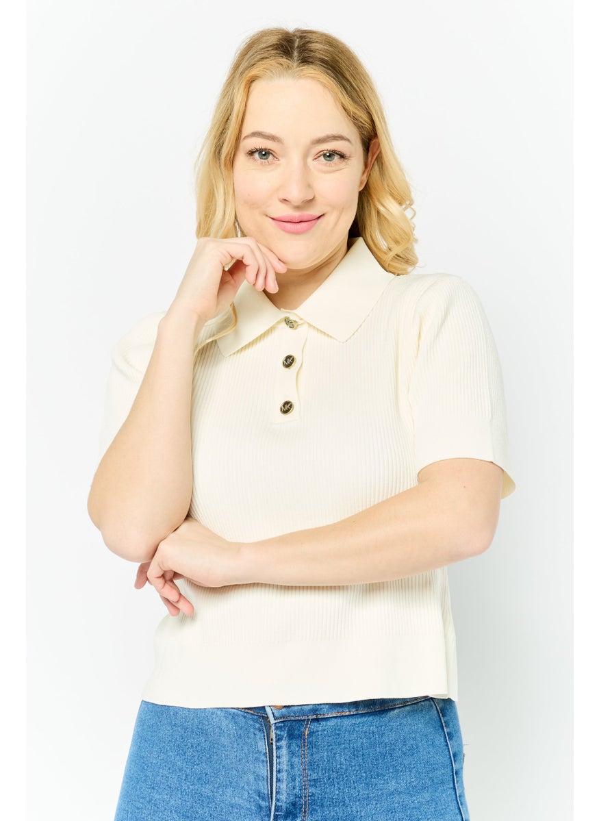 Michael Kors Women Regular Fit Short Sleeve Rib Knit Polo Shirts, Bone  - Image 1