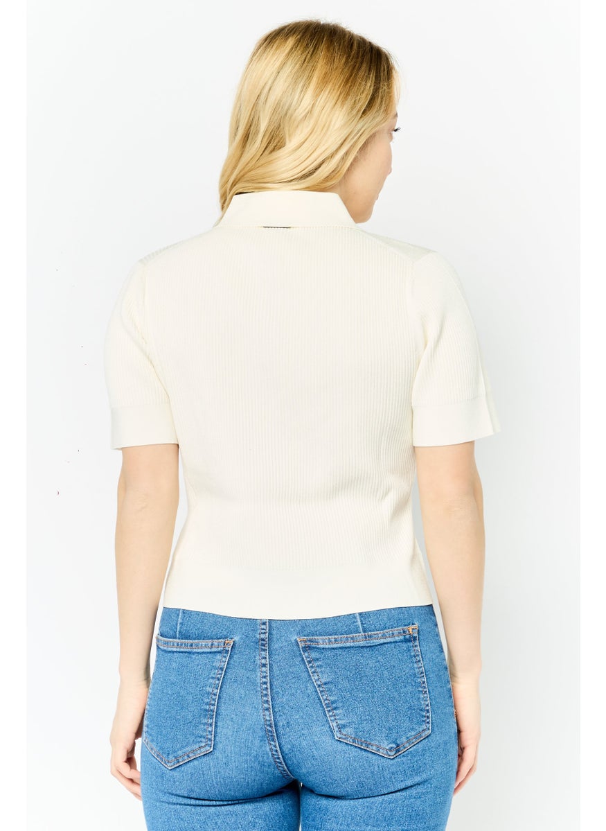 Michael Kors Women Regular Fit Short Sleeve Rib Knit Polo Shirts, Bone  - Image 4