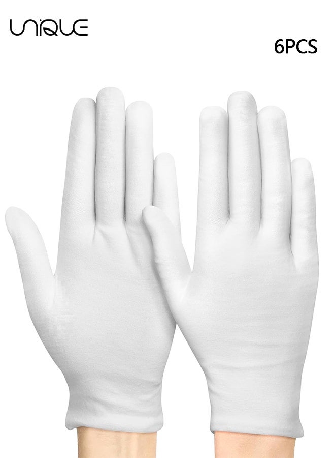 Unique 6 Pairs White Cotton Gloves for Dry Hands Moisturizing Eczema Overnight, Men and Women Stretchable Cloth White Gloves for Coin Jewelry Silver Inspection - Image 1