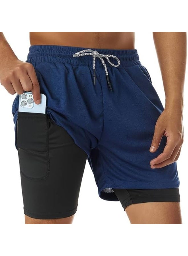 VITION Gym Shorts for Men, Men's Activewear Running Shorts,Drawstring Gym Shorts Men, 2 Layer Loose Athletic Shorts with 4 Pockets (Large, Navy Blue) - Image 2