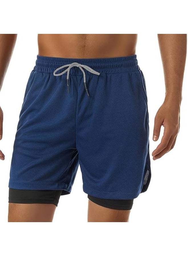 VITION Gym Shorts for Men, Men's Activewear Running Shorts,Drawstring Gym Shorts Men, 2 Layer Loose Athletic Shorts with 4 Pockets (Large, Navy Blue) - Image 4