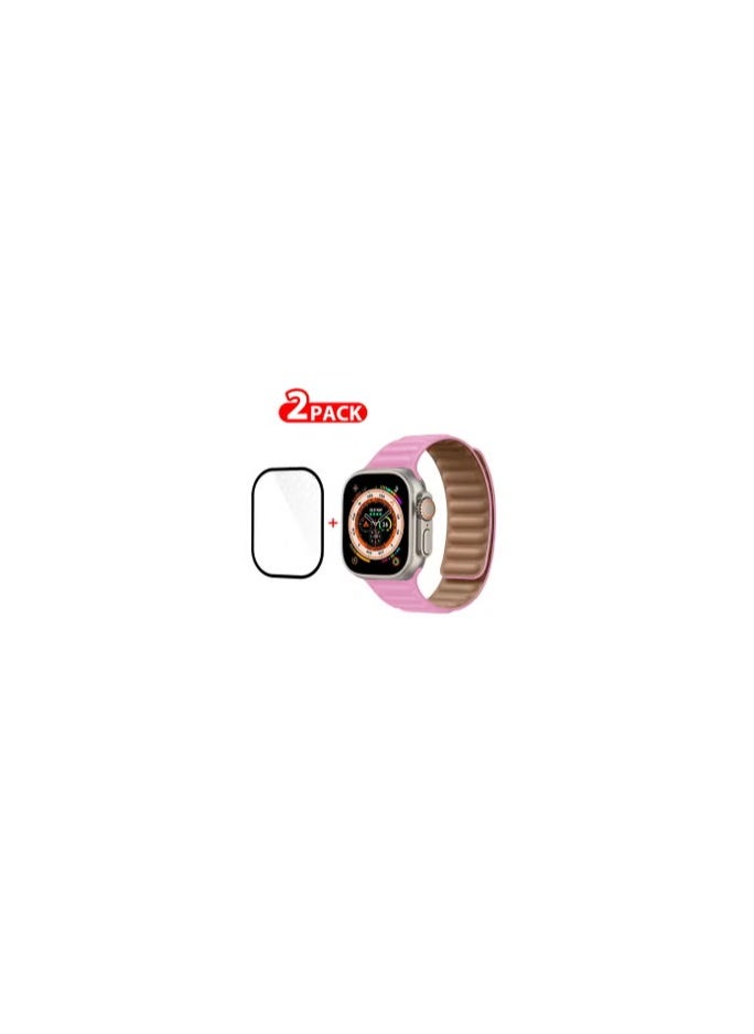 CATANES 2 Packs For Apple Watch Band 49mm Leather Link Strap Magnetic Loop Bracelet and 3D Screen Protector Pink  - Image 2