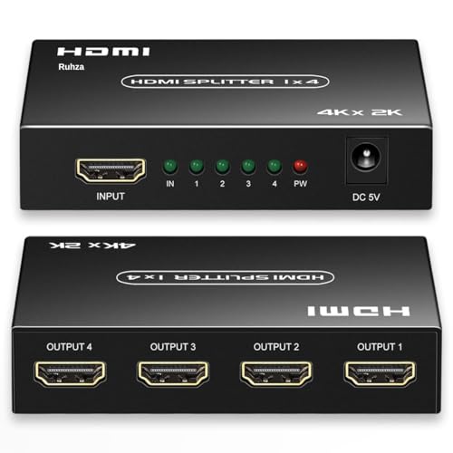 RuhZa HDMI Splitter 1 in 4 Out, 1x4 HDMI Splitter Support 4K@60Hz Full HD 1080P & 3D, Compatible with Xbox PS3/4 Roku Blu-Ray Player - Image 1