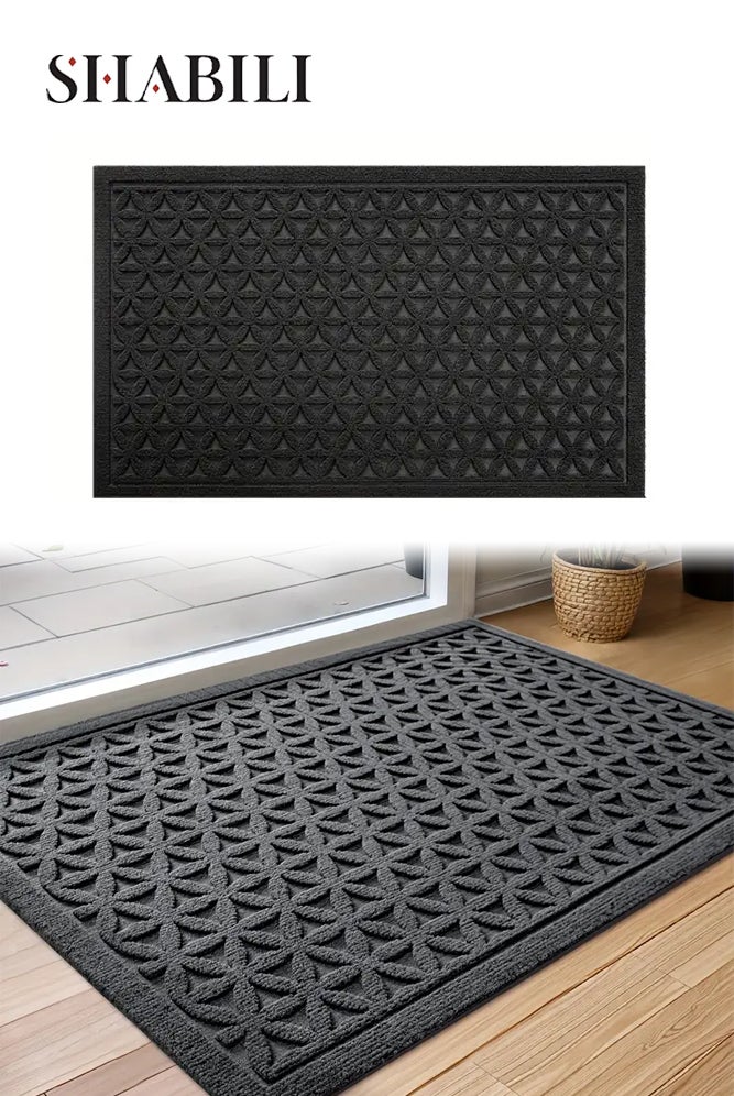 شبيلي بساط أرضية بنمط عصري وكاشط للأحذية وبساط ترحيب من ألياف البوليستر، يلتقط الأوساخ والرطوبة، قاعدة غير منزلقة وارتفاع منخفض، متين وسهل التنظيف، مناسب للمنزل والشقق والمكاتب ومداخل الأماكن الداخلية والخارجية، أسود - Image 1