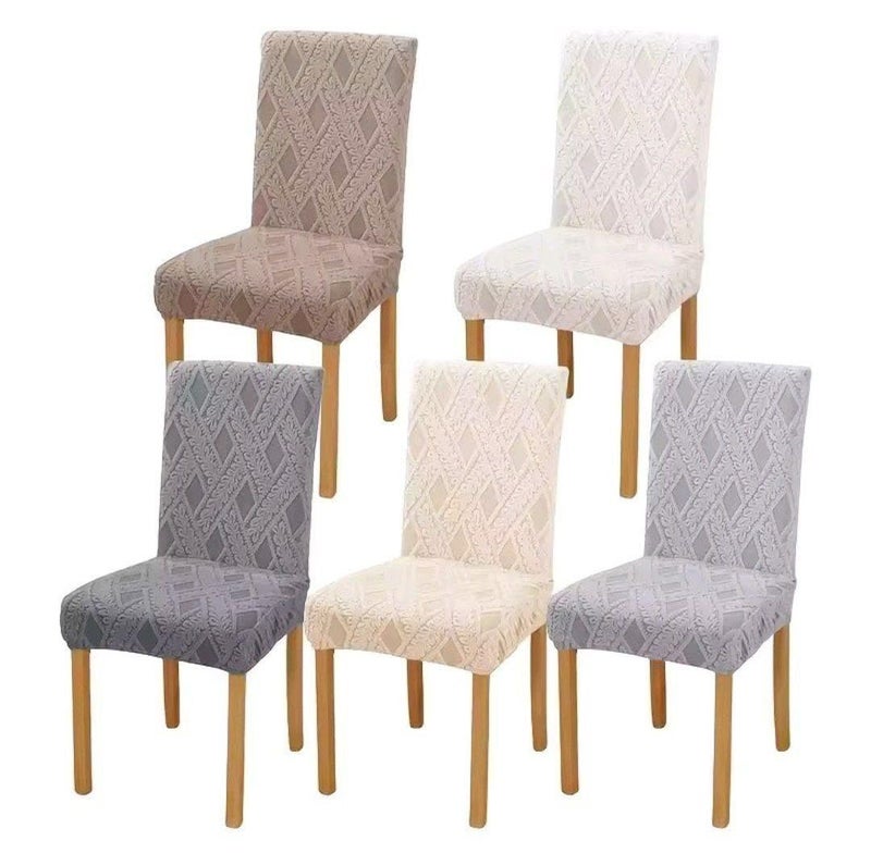 Generic Modern Dining Chair Covers, Interlocking Diamond Pattern, Elastic Stretch Fabric, Gray and Beige, Set of 6, Protective Slipcovers .flo (gray)
