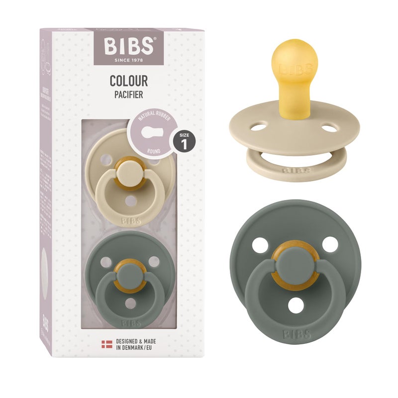 BIBS Pacifiers Colour Collection | Natural Rubber Baby Pacifier | Round Nipple | Set of 2 BPA-Free Soothers | Made in Denmark | 6+ Months (Pack of 2) | Vanilla/Pine - Image 1