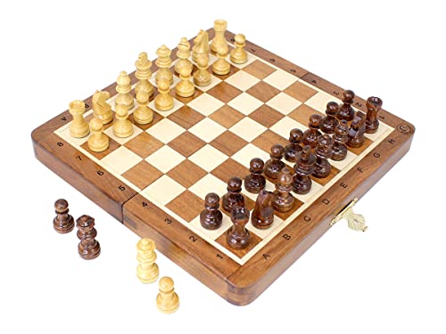 House of Chess 8 Inch Wooden Magnetic Folding Travel Chess Set Board with Algebraic Notation 2 Extra Pawns 2 Extra Queens Handmade Acacia Wood - Image 5