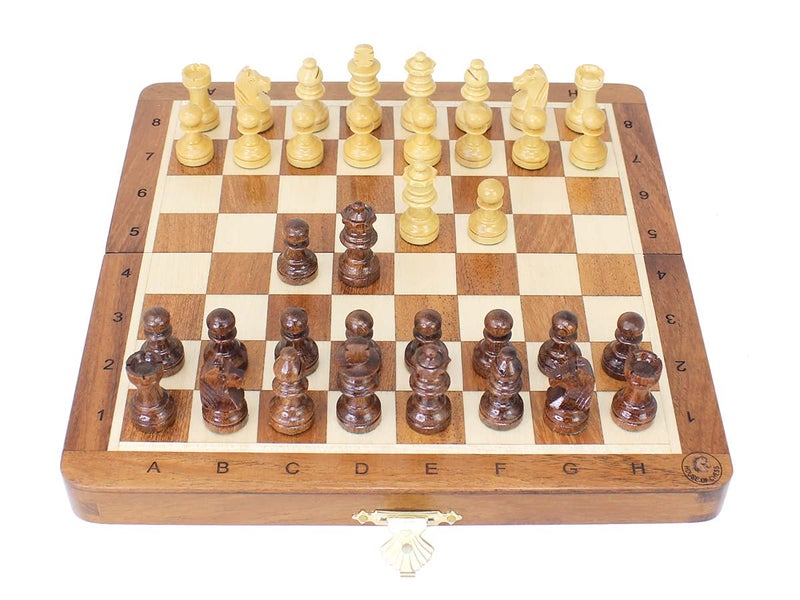 House of Chess 8 Inch Wooden Magnetic Folding Travel Chess Set Board with Algebraic Notation 2 Extra Pawns 2 Extra Queens Handmade Acacia Wood - Image 2