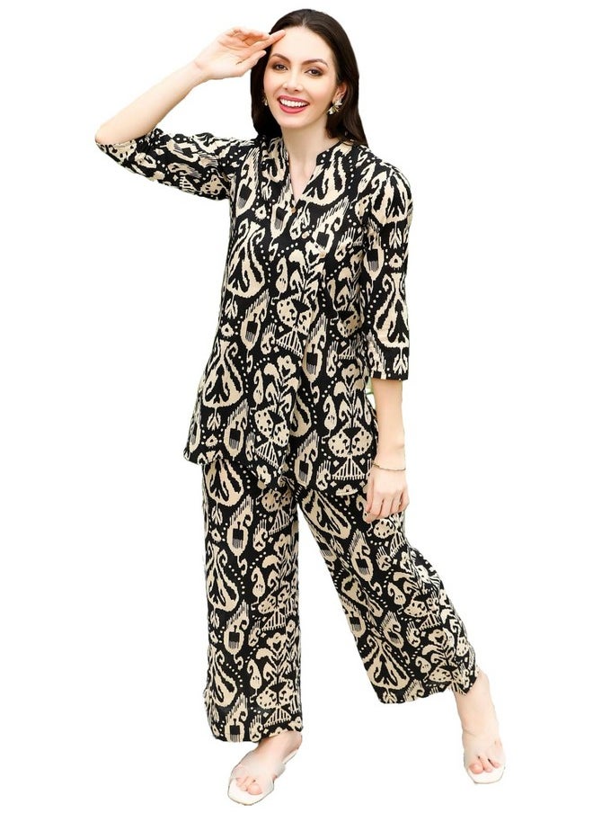 ANNI DESIGNER ANNI DESIGNER Women's Cotton Blend Mid thigh Printed Co-Ord Set (J111 Black Co-Ord_M_Black_Medium)  - Image 1