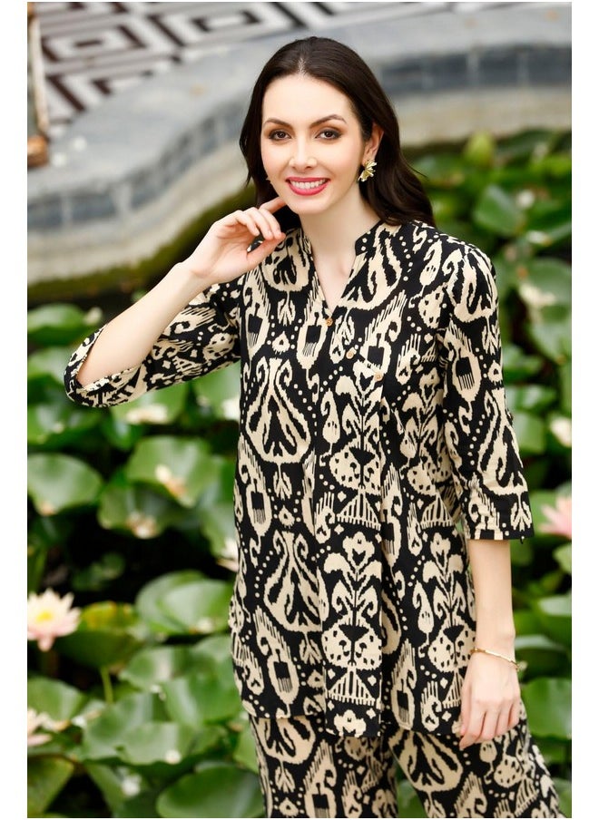 ANNI DESIGNER ANNI DESIGNER Women's Cotton Blend Mid thigh Printed Co-Ord Set (J111 Black Co-Ord_M_Black_Medium)  - Image 2