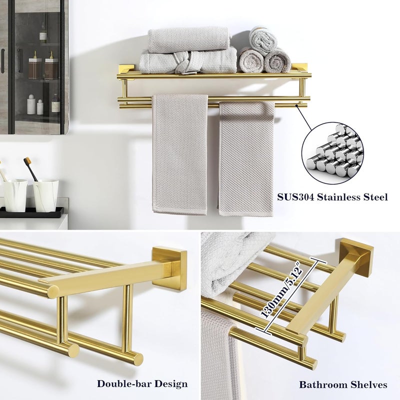 Alise Towel Rack,Towel Hanger with Double Towel Bars,Wall Mount Tower Holder for Bathroom and Lavatory,SUS 304 Stainless Steel Towel Shelf,Brushed Gold Finish,24-Inch - Image 3
