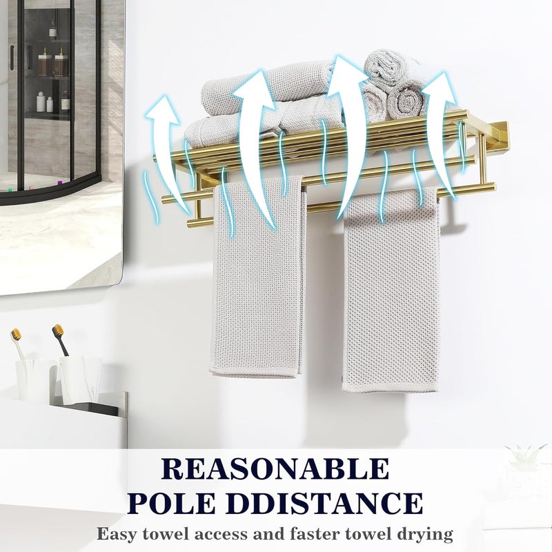 Alise Towel Rack,Towel Hanger with Double Towel Bars,Wall Mount Tower Holder for Bathroom and Lavatory,SUS 304 Stainless Steel Towel Shelf,Brushed Gold Finish,24-Inch - Image 4