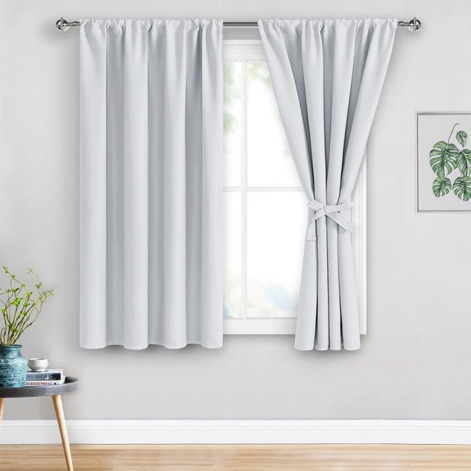 CURTAINS FOR BEDROOM THERMAL INSULATED ROOM DARKENING DRAPES ROD POCKET CURTAINS WITH TIEBACKS WINDOW PANELS FOR KITCHEN DINING ROOM 38 X 54 INCHES LONG GREYISH WHITE