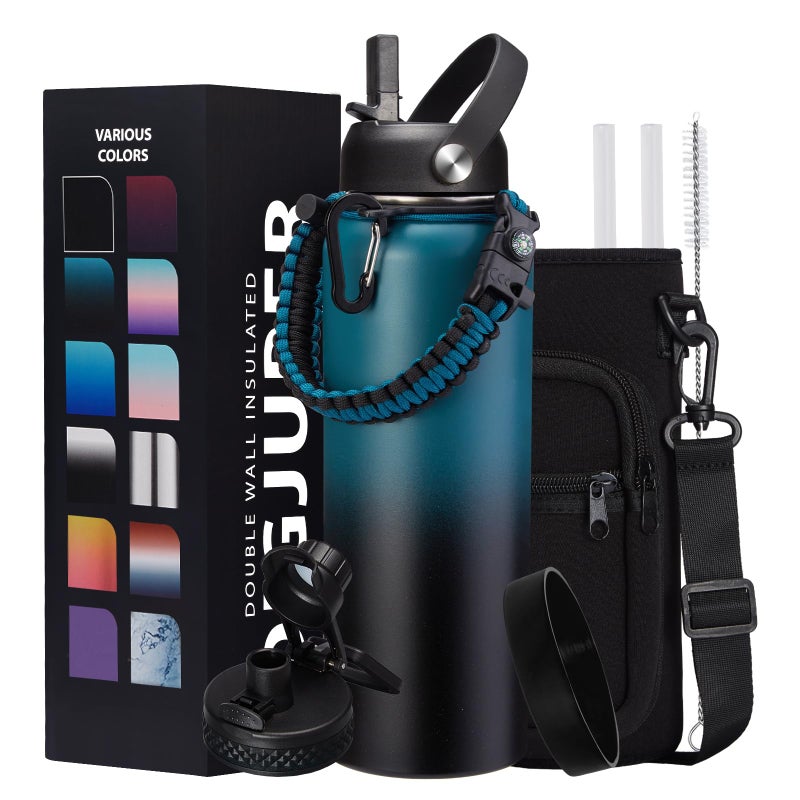 Vacuum Insulated Water Bottle 40oz - with Straw & Spout Lids  Paracord Handle  Shoulder Carrier Bag  Sport Stainless Steel   Double-wall Metal Water Bottle Thermo Hydro Mug Flask