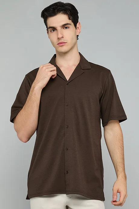 R&B Textured Knit Shirt with Revere Collar and Short Sleeves