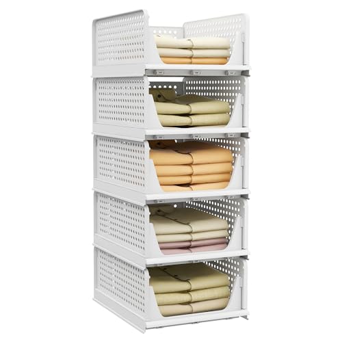 Pinkpum 5 Pack Stackable Plastic Storage Closet Organizers and Storage Bins Drawer Shelf Storage Container for Wardrobe Cupboard Kitchen Bathroom Office White