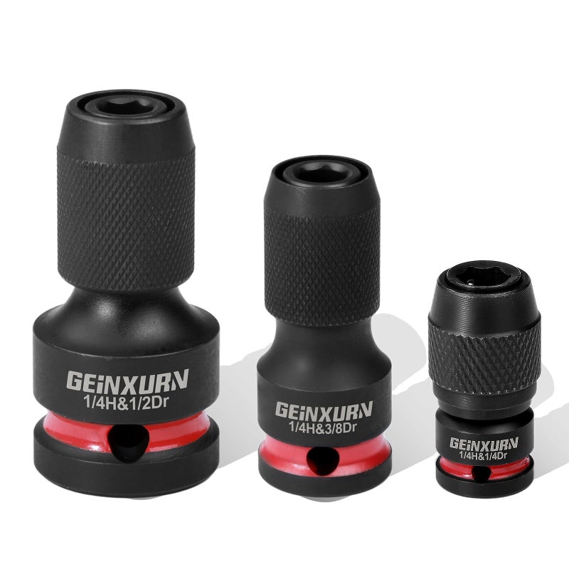Geinxurn 3PCS Impact Screwdriver Bit Holders Include 1/2-inch, 3/8-inch and 1/4-inch Square Drive to 1/4-Inch Quick Release Hex Socket Adapter for Impact Wrench - Image 1
