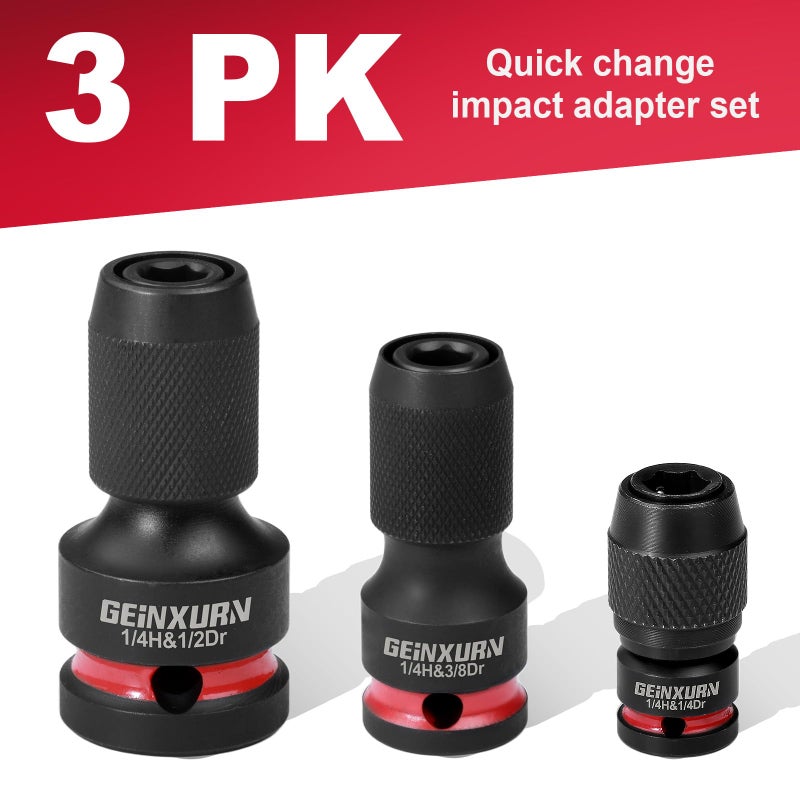 Geinxurn 3PCS Impact Screwdriver Bit Holders Include 1/2-inch, 3/8-inch and 1/4-inch Square Drive to 1/4-Inch Quick Release Hex Socket Adapter for Impact Wrench - Image 2