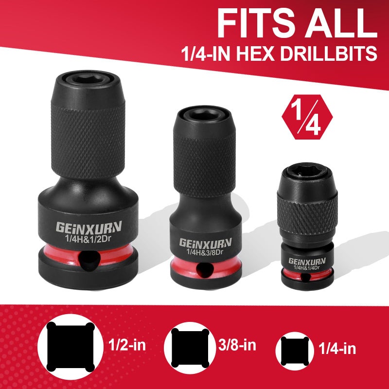 Geinxurn 3PCS Impact Screwdriver Bit Holders Include 1/2-inch, 3/8-inch and 1/4-inch Square Drive to 1/4-Inch Quick Release Hex Socket Adapter for Impact Wrench - Image 3