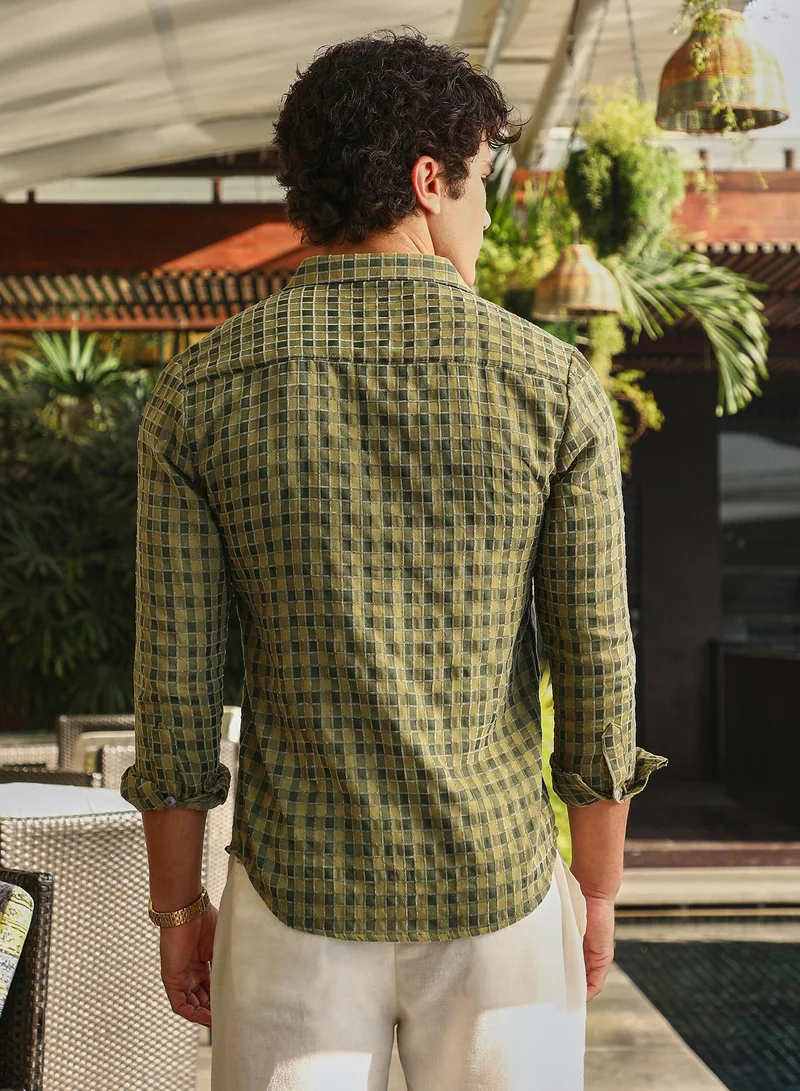 كامبوس سوترا Men's Olive Green Glen Check Shirt