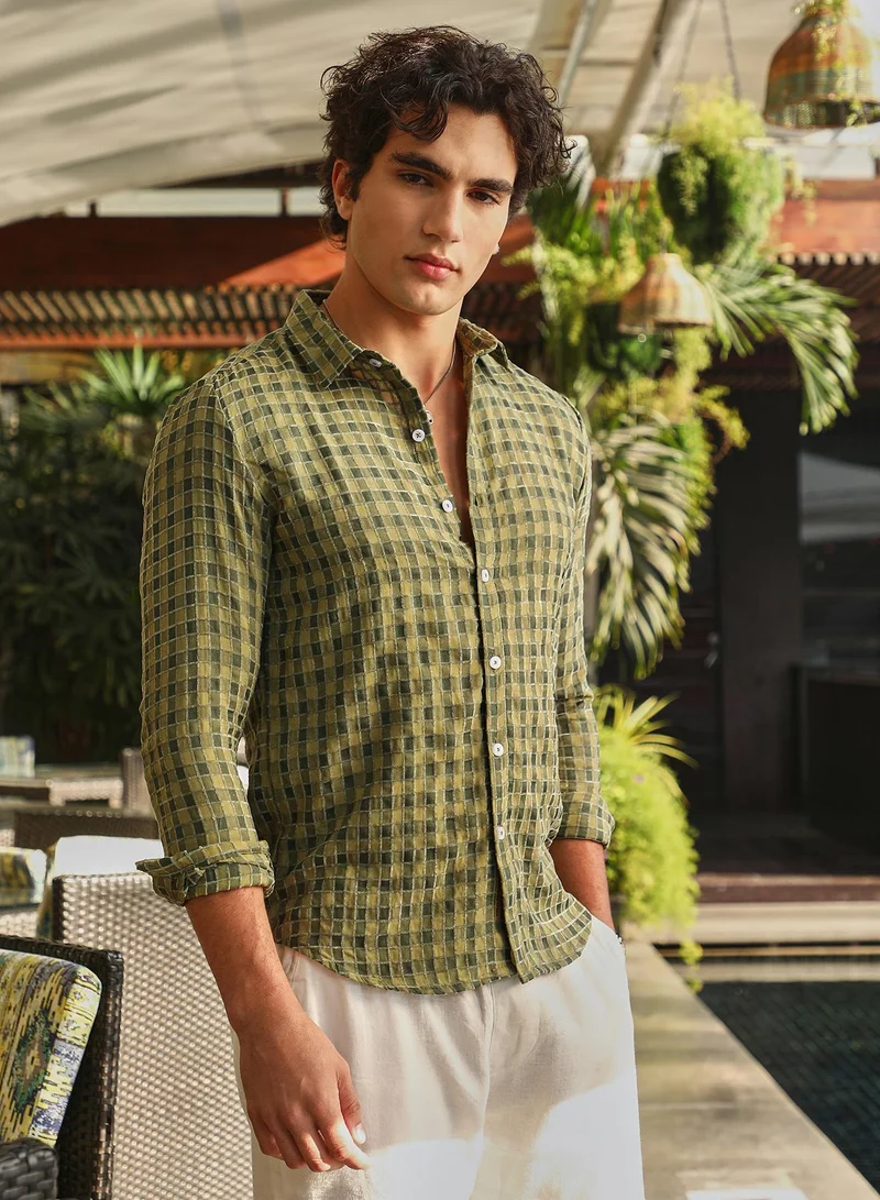 كامبوس سوترا Men's Olive Green Glen Check Shirt