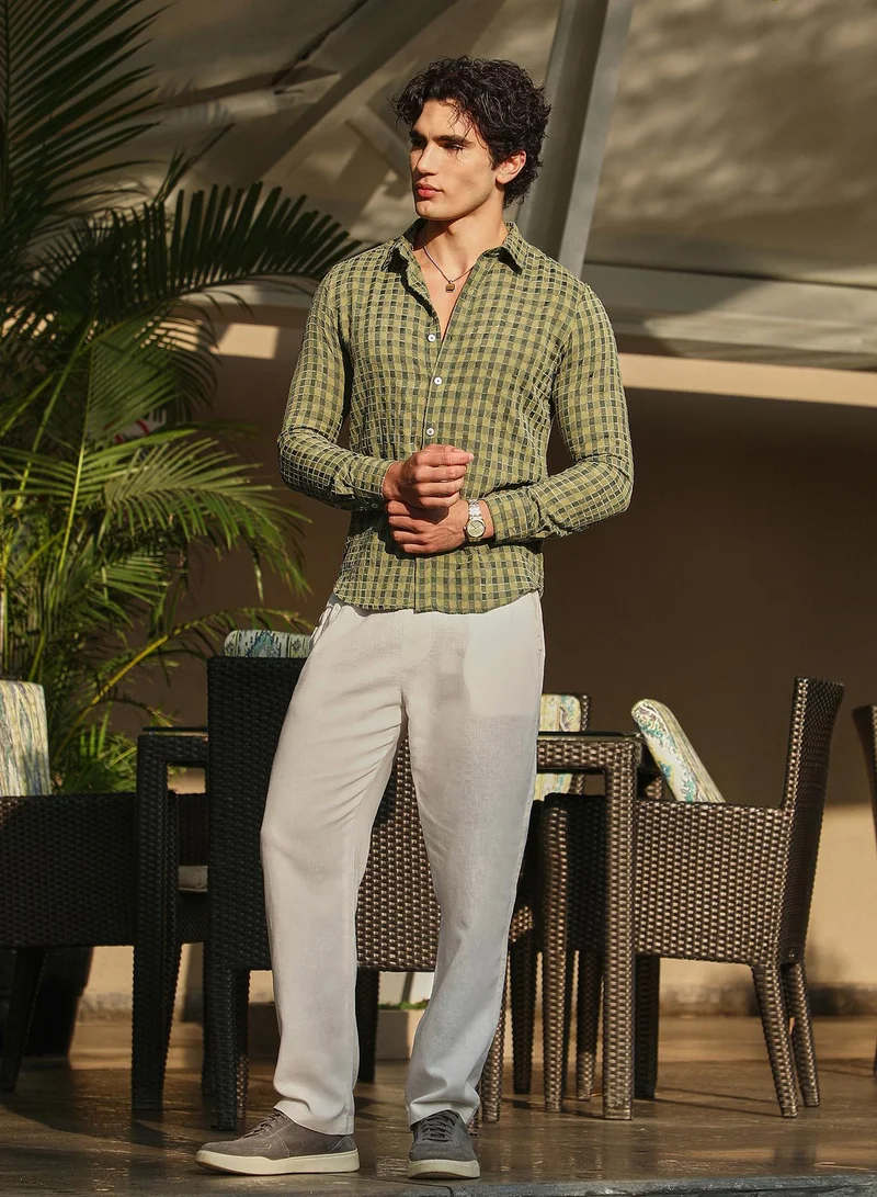 كامبوس سوترا Men's Olive Green Glen Check Shirt