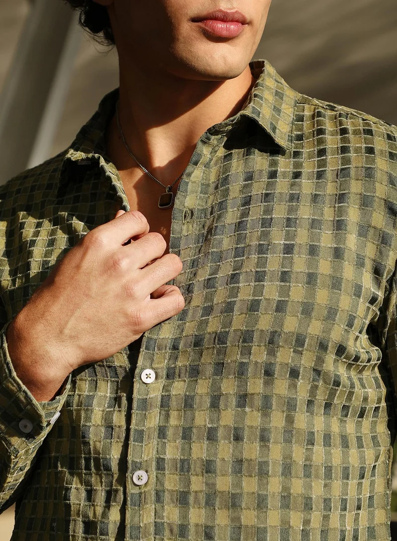 كامبوس سوترا Men's Olive Green Glen Check Shirt