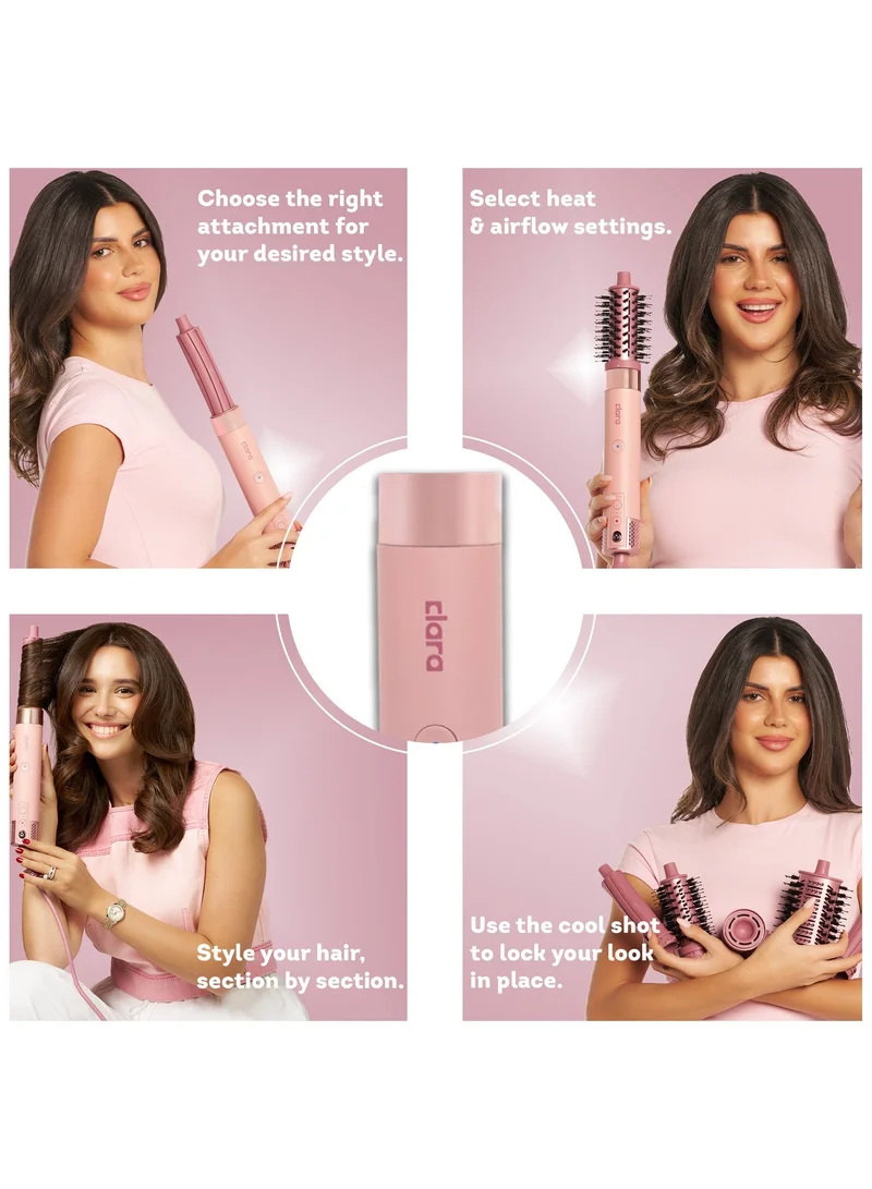 CLARA Clara Multi Styler for All Hair Types – 6-in-1 Styling Tool with Auto-Wrap Curlers, Blow Dryer, Round & Oval Brush – 1500W Ionic Hair Styler for Frizz-Free Waves & Salon Blowouts Pink