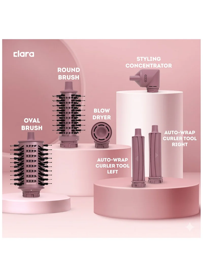 CLARA Clara Multi Styler for All Hair Types – 6-in-1 Styling Tool with Auto-Wrap Curlers, Blow Dryer, Round & Oval Brush – 1500W Ionic Hair Styler for Frizz-Free Waves & Salon Blowouts Pink