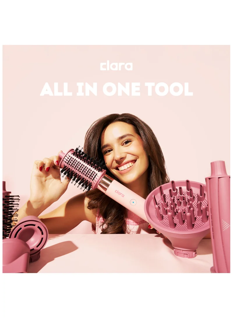 CLARA Clara Multi Styler for All Hair Types – 6-in-1 Styling Tool with Auto-Wrap Curlers, Blow Dryer, Round & Oval Brush – 1500W Ionic Hair Styler for Frizz-Free Waves & Salon Blowouts Pink