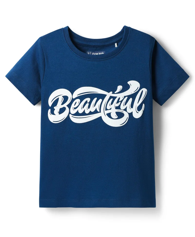 Pine Kids Pine Kids Cotton Knit Half Sleeves T-Shirt with Beautiful Text Print - Navy Blue
