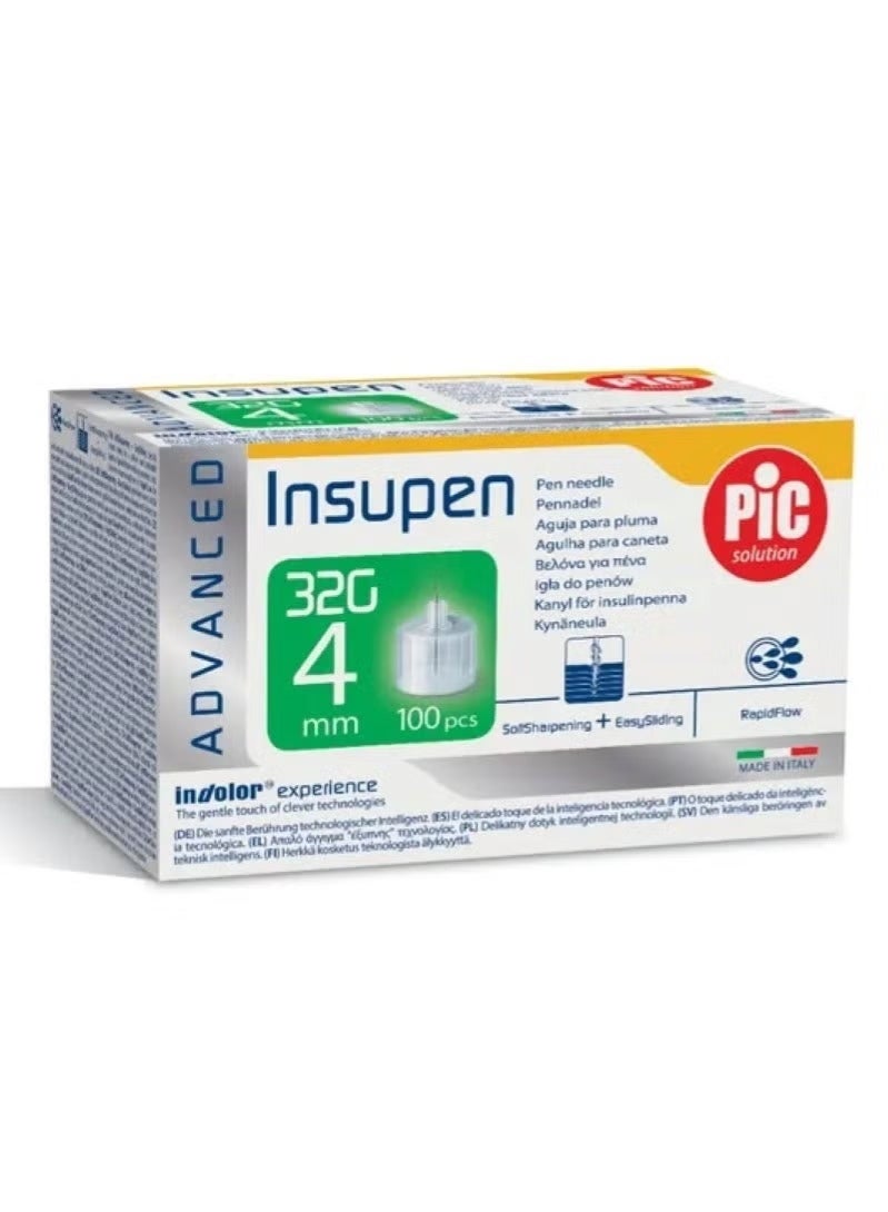 PIC Genuine Insupen insulin pen needles, 32G size and 4mm length, available in a pack of 100 for smooth injection. - Image 1