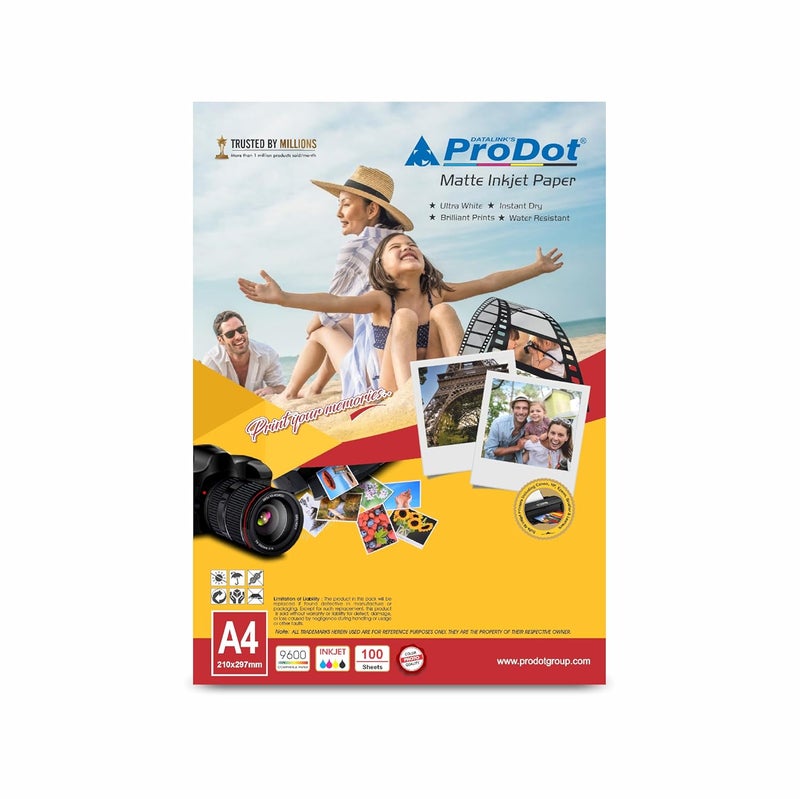 ProDot Water Resistant 128 GSM Matte Photo Paper A4 Size, Pack of 100 Sheets, Compatible with all Inkjet Printers - Image 1