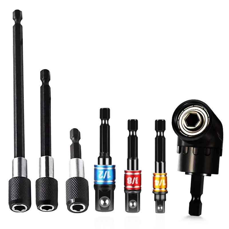 105 ° electric screwdriver head corner tool set of 7 pieces, 1 piece 1/4 inch 105 degree right angle drill bit, 3 pieces 1/4 extension rod bit holder, 3 pieces impact sleeve square nut screwdriver head, black corner tool - Image 1