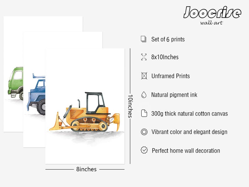 Joocrise Boys Truck Wall Art Set of 6 Truck Vehicle Canvas Wall Decor Toddler Construction Wall Art Watercolor Playroom Kids Pictures Prints Nursery Artwork for Room Bedroom 8x10 Inch Unframed - Image 2