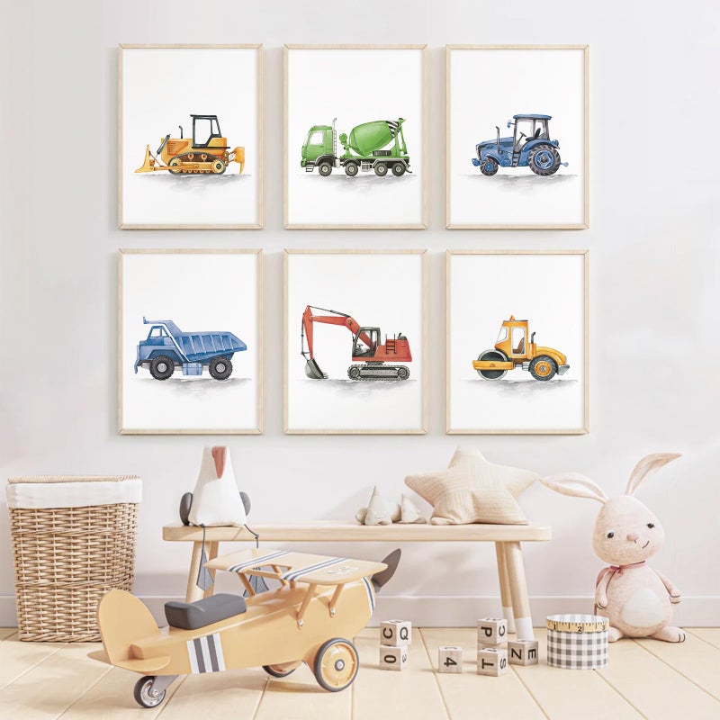 Joocrise Boys Truck Wall Art Set of 6 Truck Vehicle Canvas Wall Decor Toddler Construction Wall Art Watercolor Playroom Kids Pictures Prints Nursery Artwork for Room Bedroom 8x10 Inch Unframed - Image 3