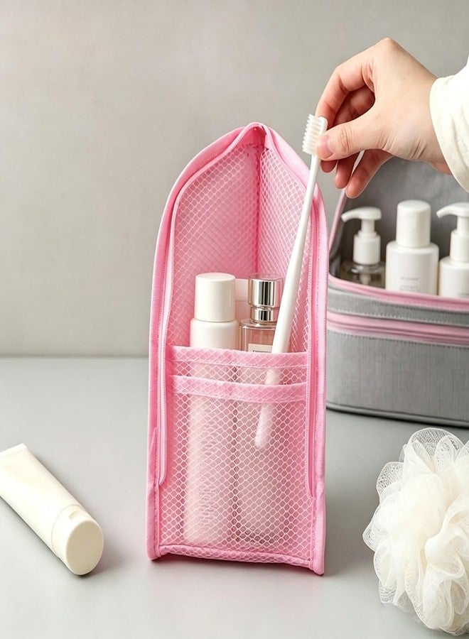Standing Travel Toiletry Bag for Women, Waterproof Hanging Makeup Organizer Cosmetic Zipper Pouch, Portable Stand Up Toiletry Bags Containers for Bathroom Essentials, Brush & Accessories (Black, Pink) - Image 3