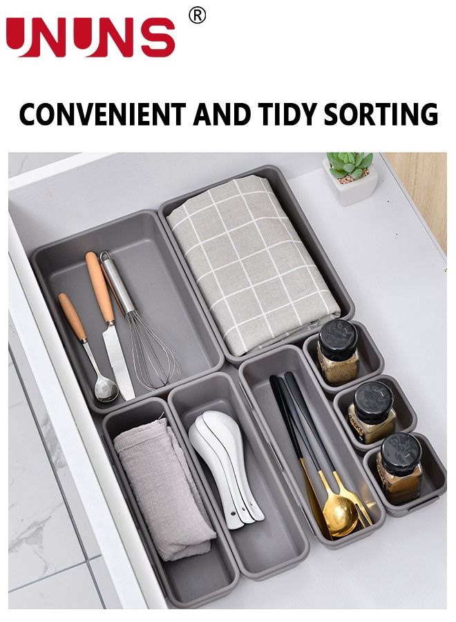 UNUNS منظم أدراج المكتب، 8 قطع من منظمات الأدراج المتشابكة، حاوية صناديق تخزين لأدوات المطبخ والحمام والمكياج والمجوهرات والأدوية - Image 2