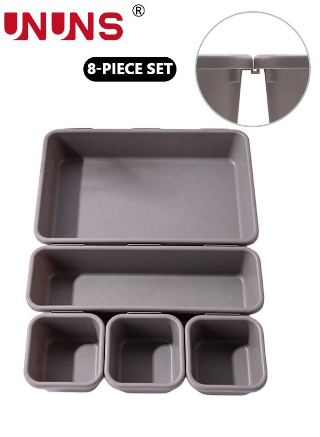 UNUNS منظم أدراج المكتب، 8 قطع من منظمات الأدراج المتشابكة، حاوية صناديق تخزين لأدوات المطبخ والحمام والمكياج والمجوهرات والأدوية - Image 5