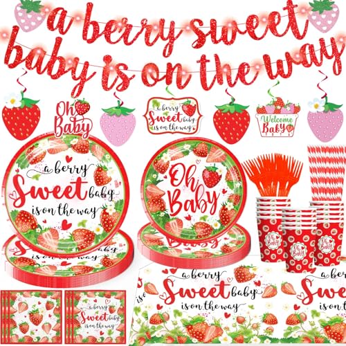 Yingoto 177 Pcs Strawberry Baby Shower Decorations Berry Sweet Baby Shower Banner Hanging Swirls Paper Plates Cups and Napkins Girl Baby Dhower Decorations - Image 1