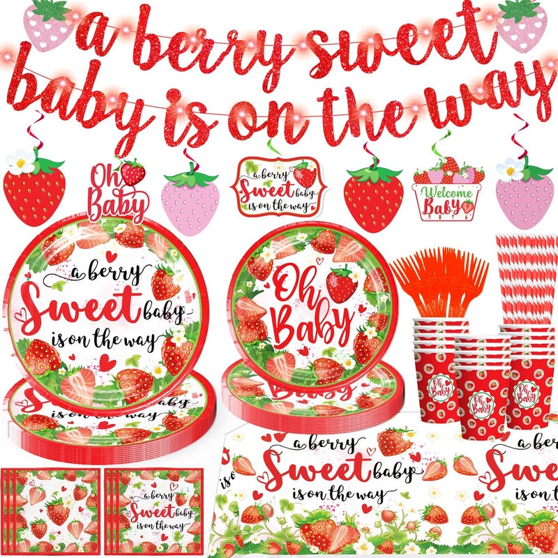 Yingoto 177 Pcs Strawberry Baby Shower Decorations Berry Sweet Baby Shower Banner Hanging Swirls Paper Plates Cups and Napkins Girl Baby Dhower Decorations - Image 2