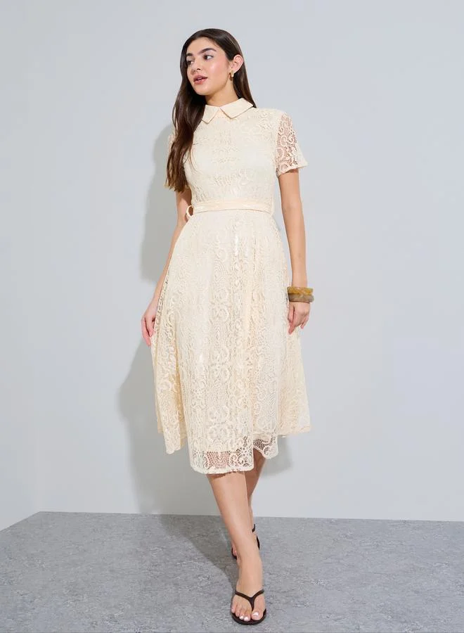 Styli Cream Lace A-Line Midi Dress with Tie-Belt