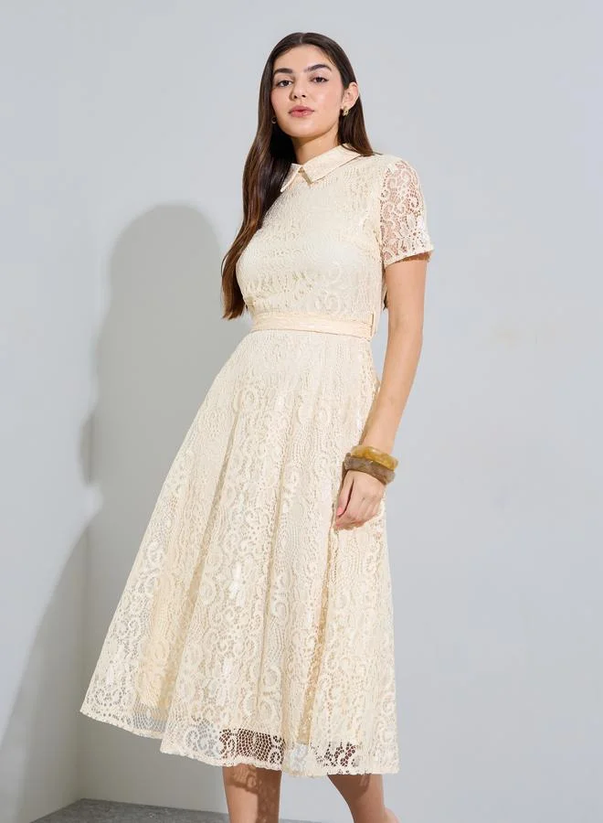 Styli Cream Lace A-Line Midi Dress with Tie-Belt