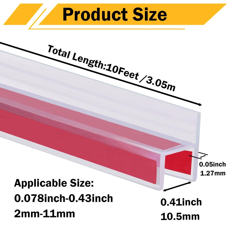 SUCOHANS 10 Feet Shower Door Side Seal Strip for 3/8" (10mm) Glass, Frameless Shower Door Side Silicone Seal Strip for Bathroom Showers Water Guard Sweep Barrier - Image 2