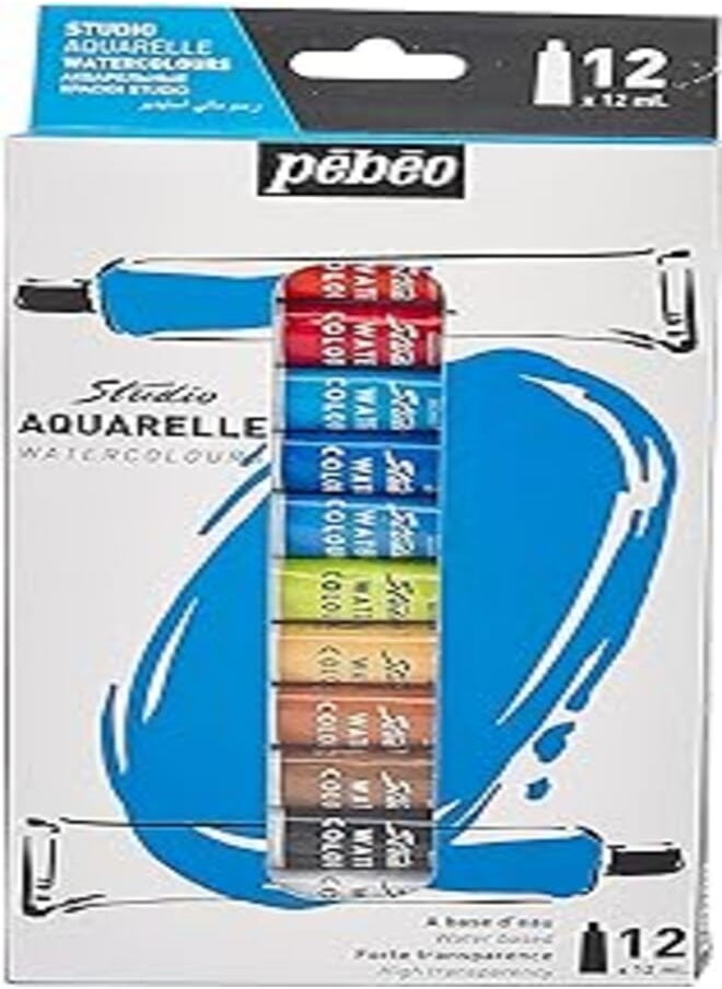 Pebeo Pebeo Studio Watercolor Set for Professional Artists and Hobby Painters - 12 Colors, 12 ml 