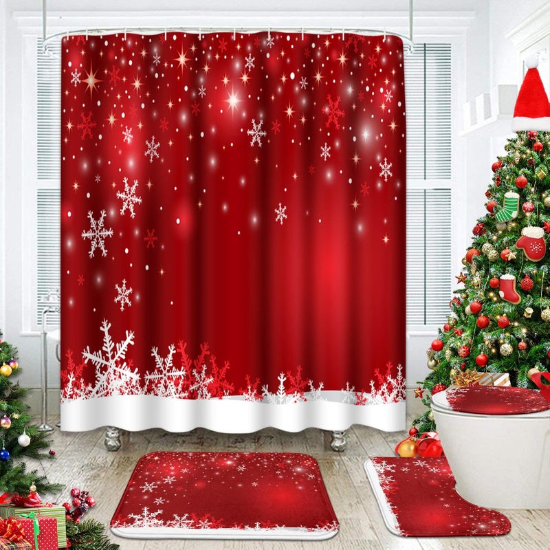 ArtSocket 4 Pcs Shower Curtain Set Christmas Snowflake Red Winter Xmas with NonSlip Rugs Toilet Lid Cover and Bath Mat Bathroom Decor Set 72 x 72
