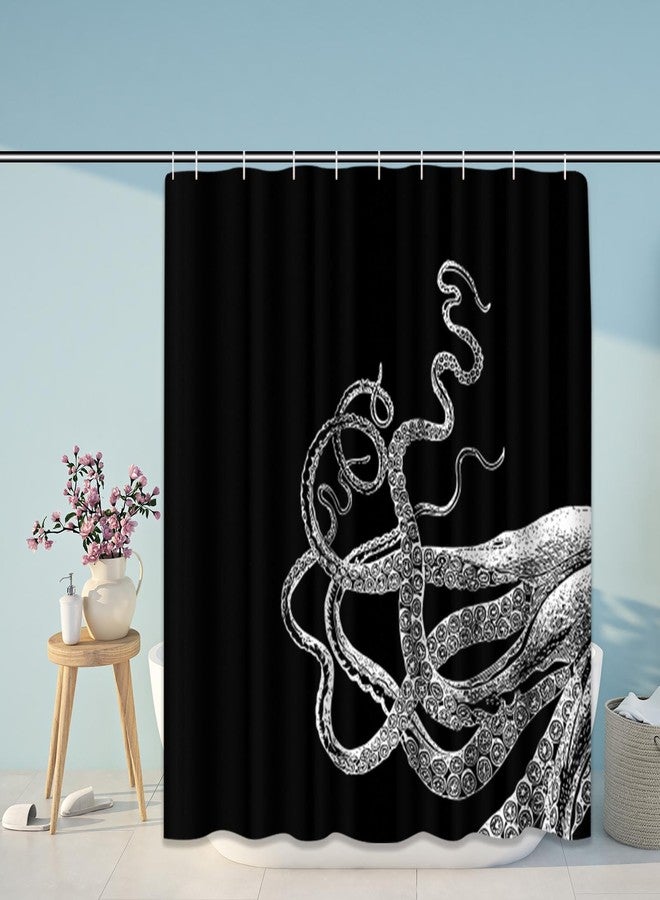 ArtSocket 4 Piece Get Naked Shower Curtain Sets White Octopus Tentacles Black Vintage Sea Ocean Kraken with Non-Slip Rug, Toilet Lid Cover, Bath Mat and 12 Hooks 72x72 inches - Image 4